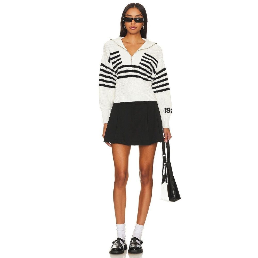 525 Revolve Striped Sweater S Front Zipper Chunky Nautical Casual White Norah
